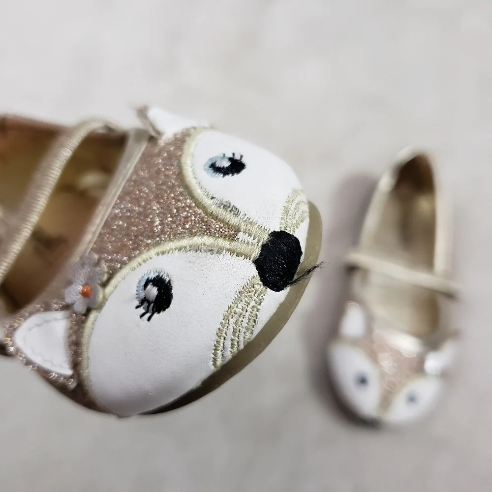 Capelli New York Girls Gold Glitter Fox Face Ballet Flats Mary Jane Shoes Size 6
